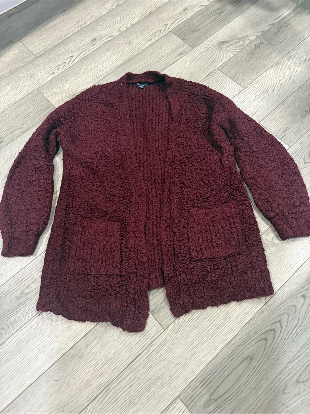 American Eagle Outfitters Burgundy Bouclé Open-Front Cardigan